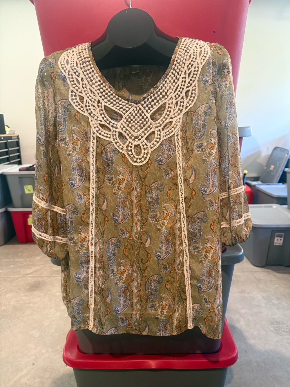 Women's Olive Green Paisley Lace-Trim Blouse p70